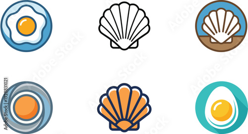 Scallop Shell Logo Collection with Circular Badge Emblems Minimal Line Art and Flat Color Seafood Vector Icons