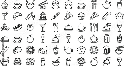 Restaurant and Food Line Icon Set with Coffee Pizza Sushi Burger Beer Dessert and Kitchen Dining Symbols