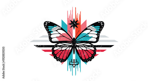 Artistic butterfly illustration with detailed wings set against a colorful geometric and tribal pattern background graphic.