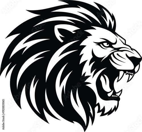 Lion head profile silhouette with fierce expression, bold flowing mane vector illustration symbolizing strength, courage and dominant wildlife predator design