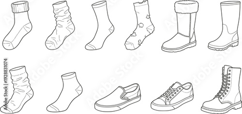 Socks and Shoes Outline Collection with Boots Sneakers Slip On Casual Footwear Fashion Sketch Icons