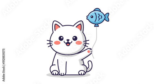 Cute smiling white kitten with a playful blue fish balloon, a sweet and simple vector illustration perfect for animal lovers and cheerful designs