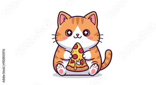 Cute cartoon ginger cat holding a slice of pepperoni pizza with cheese