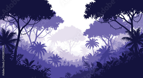 Dreamy purple and lavender colored illustration of a dense tropical jungle with palm trees and vines in misty layers.