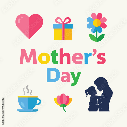 A colorful illustration with hearts, gifts, flowers, and a mother-child silhouette