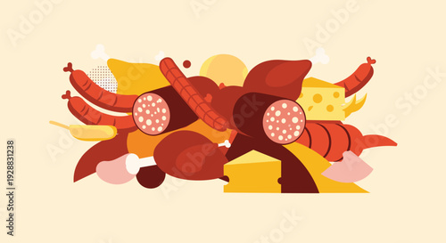 Large appetizing pile of various meat products like sausages, salami, and ham mixed with chunks of yellow cheese on cream.