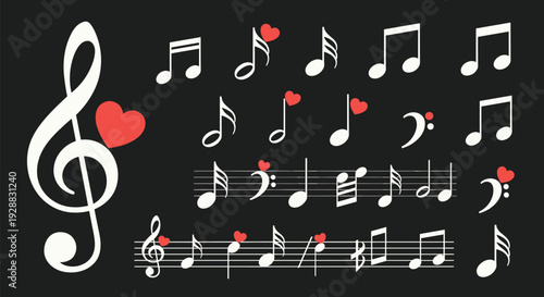 Collection of white musical notes and clefs decorated with small red heart symbols on a solid black background.