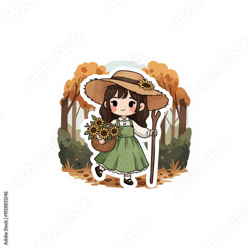 Charming Autumn Harvest Sticker Featuring a Girl in a Sun hat Carrying Sunflowers in a Basket
