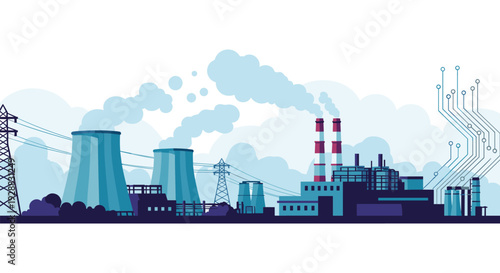 Industrial power plant silhouette with cooling towers, smoking chimneys, and electric pylons against a cloudy blue sky.