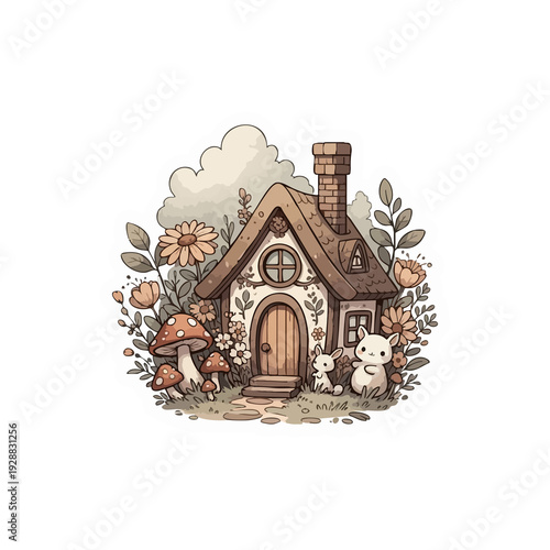 Enchanting storybook cottage illustration featuring a cozy home surrounded by blooming flowers, whimsical mushrooms, and playful little forest creatures in a serene garden