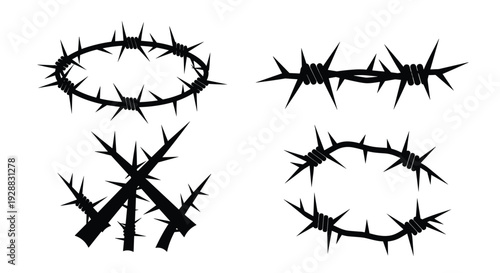Black silhouettes of a crown of thorns and various sections of sharp barbed wire on a plain white background.