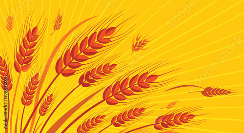 Golden wheat ears illustration against a vibrant yellow sunburst background representing a bountiful summer harvest.