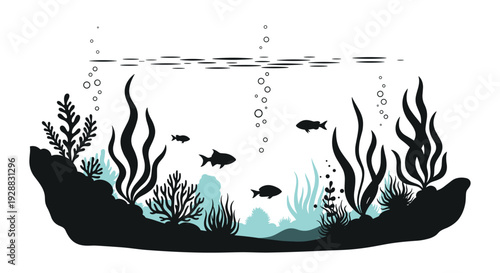 Detailed underwater scene silhouette featuring a rocky seabed, swimming fish, tall seaweed, and coral reefs with air bubbles.