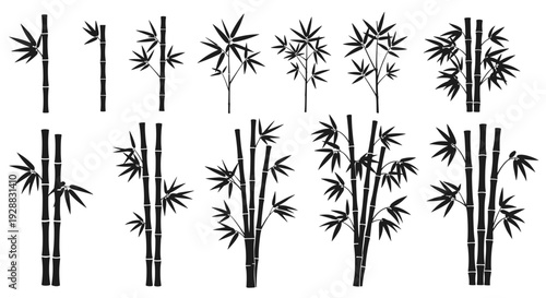Variety of black bamboo branch silhouettes with different stalk and leaf arrangements perfect for nature themed designs.