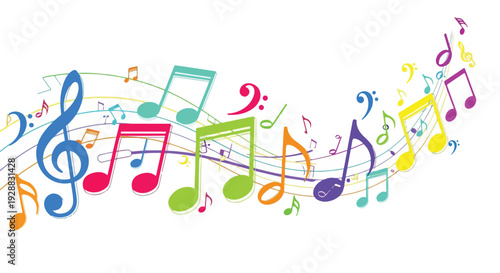 A colorful, musical composition with flowing lines and notes