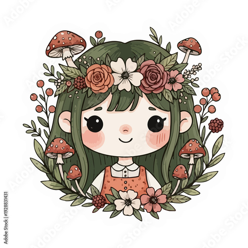 Whimsical Kawaii Mushroom Girl with Floral Wreath - Adorable Chibi Illustration