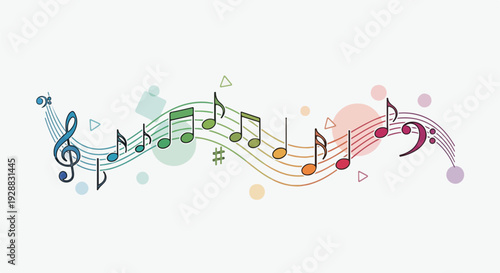 A colorful musical composition with treble clef, notes, and circles