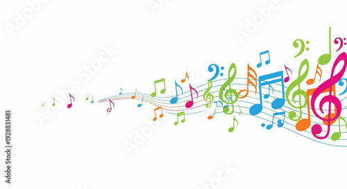 A colorful musical illustration featuring notes, staves, and treble clefs