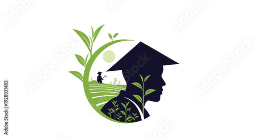 Circular logo design featuring silhouette of farmer wearing traditional conical hat surrounded by green tea leaves fields.