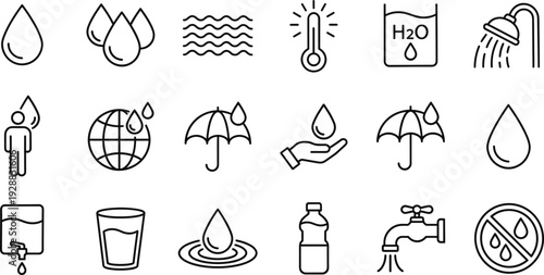 Water Protection and Conservation Line Icon Set with Droplets Faucet Shower Umbrella Thermometer and Hydration Symbols