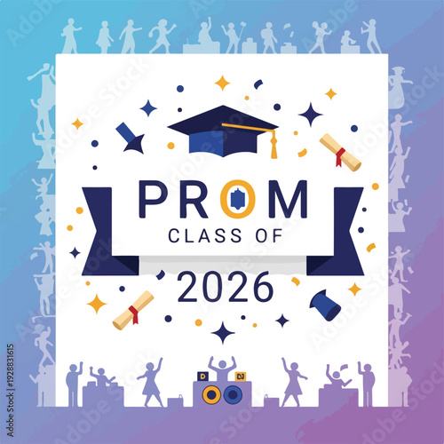 A colorful prom graphic with graduation cap, streamers, and dancing figures