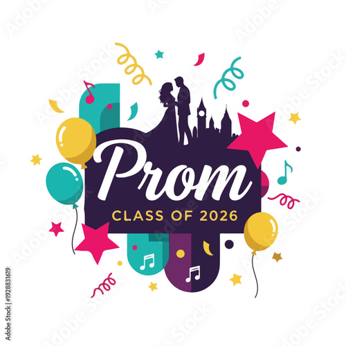 A colorful prom graphic with dancing couple silhouette, balloons, stars, and music notes