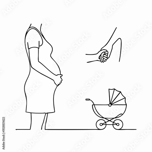 Pregnant woman with baby stroller line art.