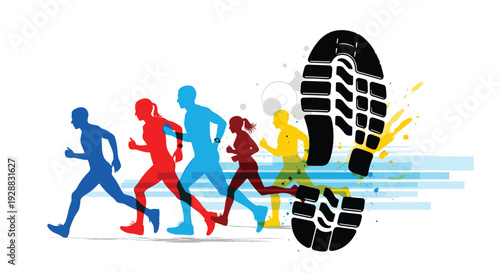 Dynamic illustration of runners silhouettes in multiple colors with large black footprint in foreground for sport theme.