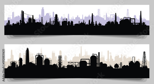 Pair of wide banners depicting dark silhouettes of industrial oil refineries and factories against city skyline view.
