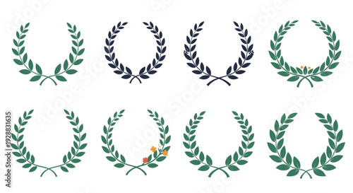 Collection of eight green and dark blue laurel wreaths with various leaf styles and decorative elements for award logos.