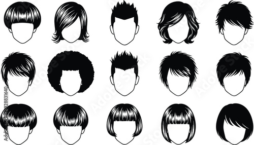 Collection of trendy men and women hairstyles silhouette icons set featuring short, long, curly, bob, afro, and modern haircut styles isolated on white background