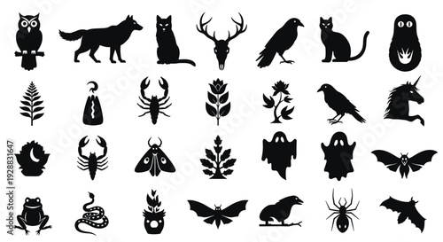 Assorted silhouettes of nocturnal animals ghosts plants and mystical symbols like unicorn and moon for gothic designs.