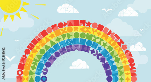 A colorful rainbow made of shapes, with a sun, clouds and birds