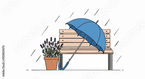 Rainy day bench with blue umbrella in park.