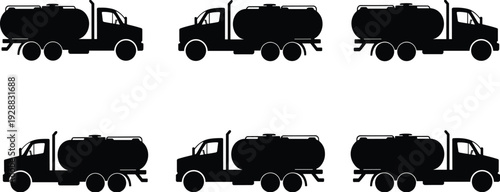 Industrial tanker truck silhouettes, fuel delivery vehicle icons, liquid transport logistics, heavy duty oil gas truck, water tank transport, logistics.