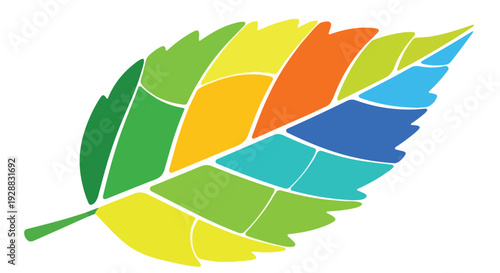 A colorful, segmented leaf design, rendered in bright, complementary colors