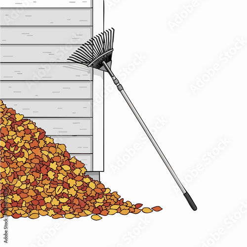 Rake and Autumn Leaves Pile Scene.