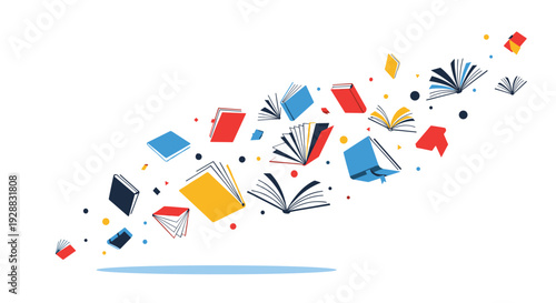 Dynamic composition of colorful flying books of various sizes on a white background for concept of reading and knowledge.