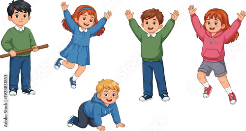 Happy cute little children playing together jumping crawling and holding stick cartoon characters set isolated on white background vector illustration
