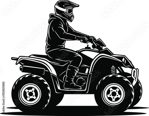 Silhouette of person riding ATV with helmet, off-road vehicle illustration, outdoor adventure, safety gear, recreational sport vector design