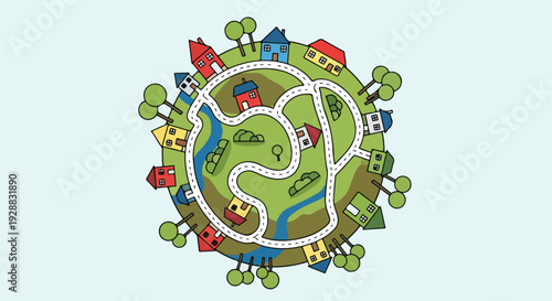 A colorful world illustration featuring a circular landscape with houses