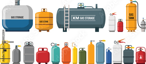 Industrial Gas Storage Tanks and LPG Cylinders Collection with Propane Containers and Fuel Reservoir Systems Isolated on White Background for Energy Infrastructure Concept