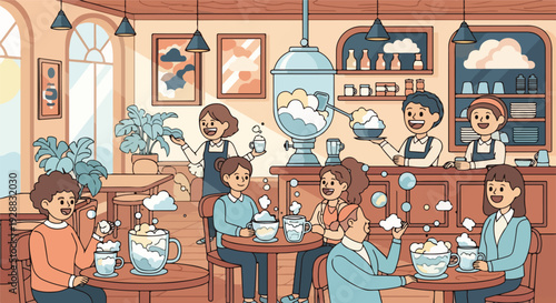 A cozy cafe scene with people, servers, and frothy drinks
