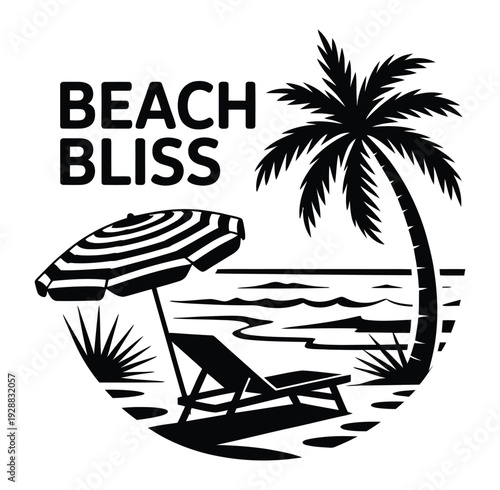 Beach bliss tropical text silhouette vector illustration, summer typography design with palm tree and island elements for vacation branding, travel graphics, beachwear prints, and holiday decorations