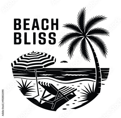 Beach bliss tropical text silhouette vector illustration, summer typography design with palm tree and island elements for vacation branding, travel graphics, beachwear prints, and holiday decorations
