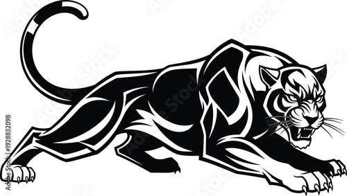 Panther vector illustration, black and white silhouette of crouching aggressive wildlife predator with teeth, claws, and intense gaze design art