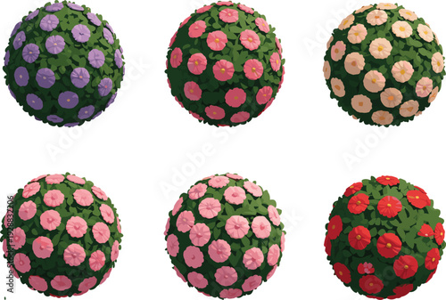 Set of stylized 3D flower bush spheres with colorful blossoms in purple pink peach and red for garden game environment design