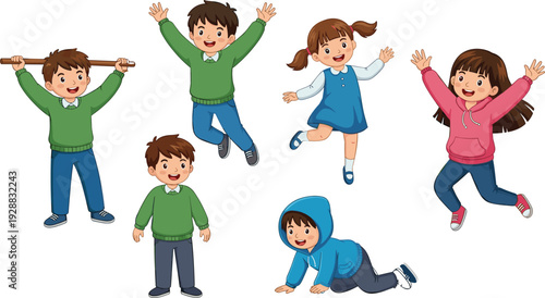 Happy diverse children characters set jumping playing and crawling in flat cartoon style for kindergarten school educational and graphic design