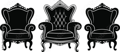 Set of three elegant black armchair silhouettes with ornate vintage details and classic royal upholstery isolated on white background for design