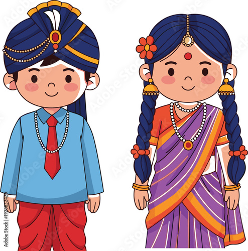 Indian wedding couple vector illustration featuring a groom in a blue turban and sherwani with a bride in a purple saree.
